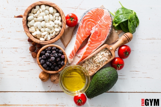 Healthy food salmon berries and nut and avocado