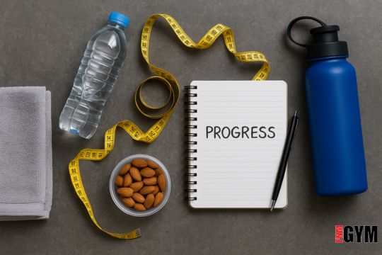 book with progress written on it with tape measure bottle of water and bowl of nuts