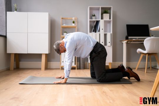 man in cat pose wearing blue shirt and black pants